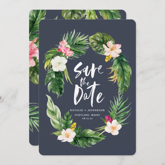 熱帯のヤシの葉とフローラの水色の葉 セーブザデート (正面/裏面)