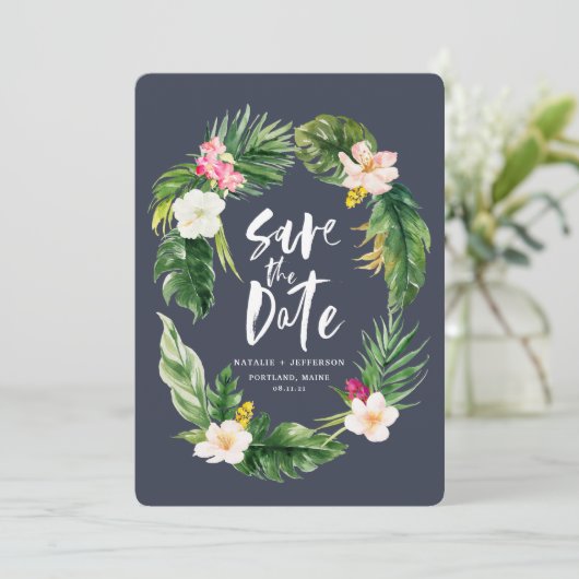 熱帯のヤシの葉とフローラの水色の葉 セーブザデート (スタンド正面)