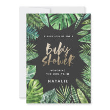 熱帯のヤシの葉と金ゴールドのスクリプトのベビーシャワーカード