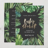 熱帯のヤシの葉と金ゴールドのスクリプトのベビーシャワーカード セーブザデート (正面/裏面)