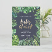 熱帯のヤシの葉と金ゴールドのスクリプトのベビーシャワーカード セーブザデート (スタンド正面)