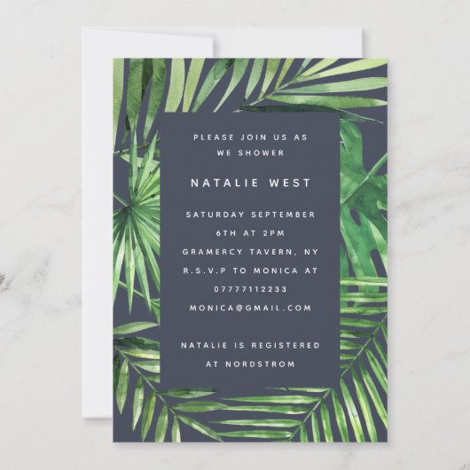 熱帯のヤシの葉と金ゴールドのスクリプトのベビーシャワーカード セーブザデート (裏面)