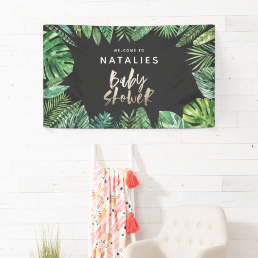 熱帯のヤシの葉と金ゴールドのスクリプトのベビーシャワー 横断幕 (インサイチュ)