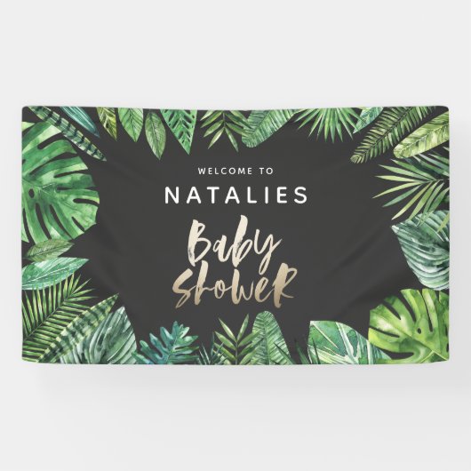 熱帯のヤシの葉と金ゴールドのスクリプトのベビーシャワー 横断幕 (横)