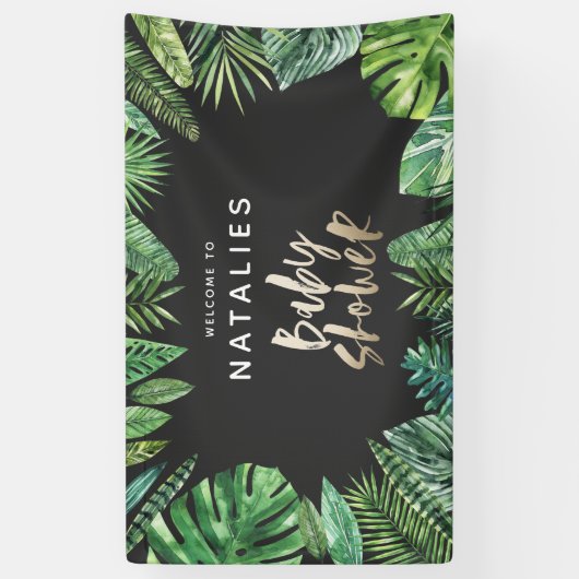 熱帯のヤシの葉と金ゴールドのスクリプトのベビーシャワー 横断幕 (縦)