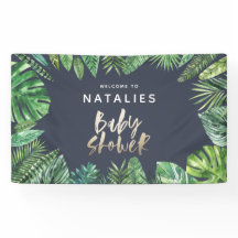 熱帯のヤシの葉と金ゴールドのスクリプトのベビーシャワー