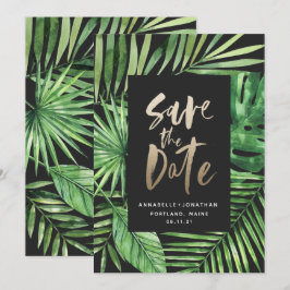 熱帯のヤシの葉と金ゴールドの台本 セーブザデート