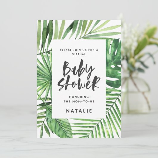 熱帯のヤシの葉のスクリプト仮想ベビーシャワー セーブザデート (スタンド正面)