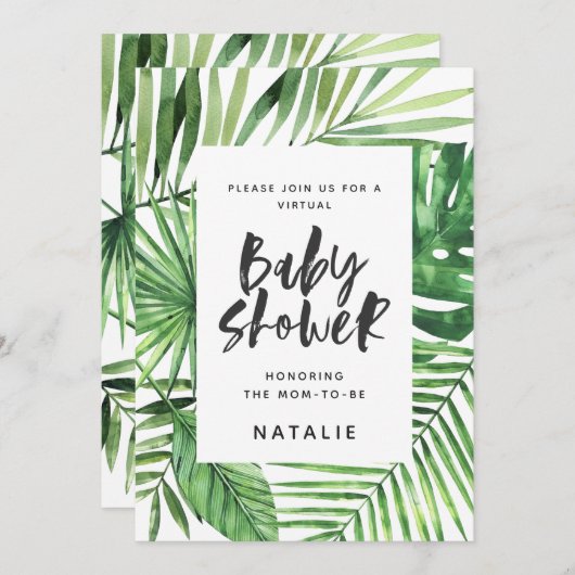 熱帯のヤシの葉のスクリプト仮想ベビーシャワー セーブザデート (正面/裏面)