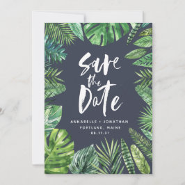 熱帯のヤシの葉のスクリプト水色の葉ネイビー セーブザデート