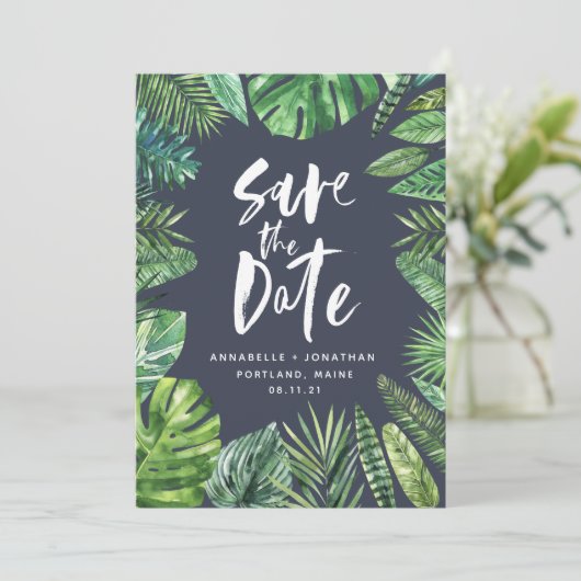 熱帯のヤシの葉のスクリプト水色の葉ネイビー セーブザデート (スタンド正面)