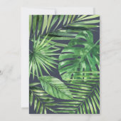 熱帯のヤシの葉のスクリプト水色の葉ネイビー セーブザデート (裏面)