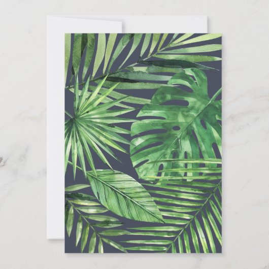 熱帯のヤシの葉のスクリプト水色の葉ネイビー セーブザデート (裏面)