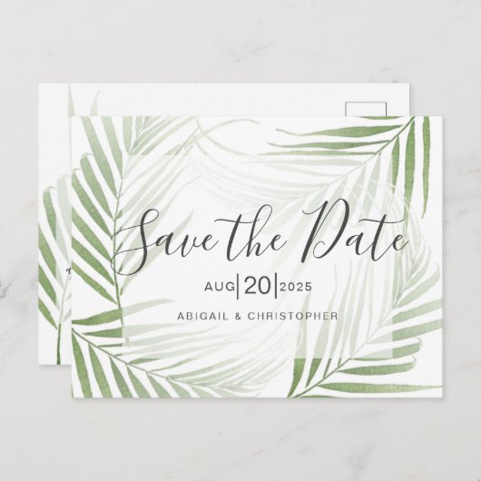 熱帯のヤシの葉のセージ緑の日付を保存 ポストカード (正面/裏面)