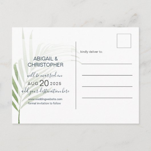 熱帯のヤシの葉のセージ緑の日付を保存 ポストカード (裏面)