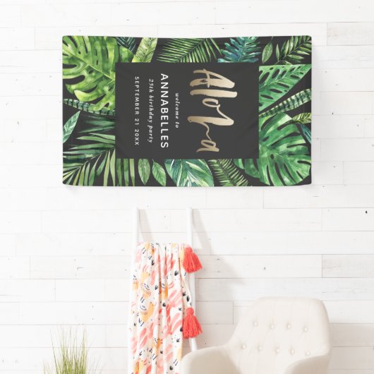 熱帯のヤシの葉の金ゴールドスクリプト黒アロハの誕生日 横断幕 (インサイチュ)