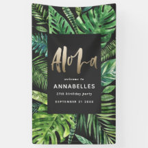 熱帯のヤシの葉の金ゴールドスクリプト黒アロハの誕生日