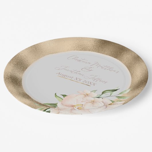 熱帯のランとプルメリアの花を金ゴールド ペーパープレート (アングル)