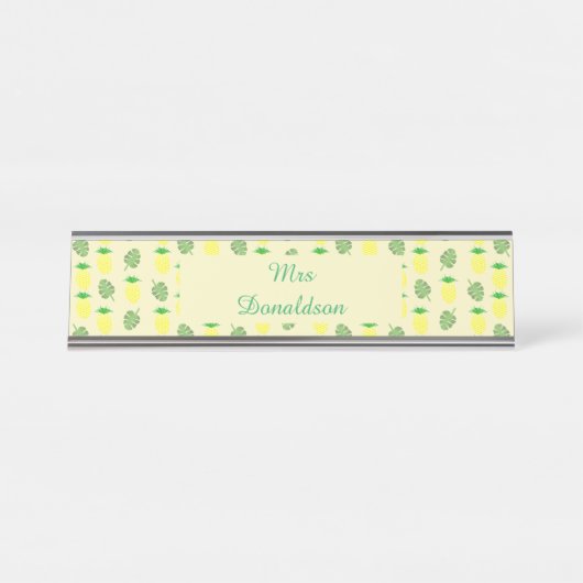 熱帯の夏のパイナップルとパーム葉のパターン デスクネームプレート (正面)