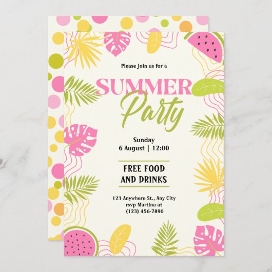 熱帯の夏のパーティーグリーンとピンク 招待状 (正面/裏面)