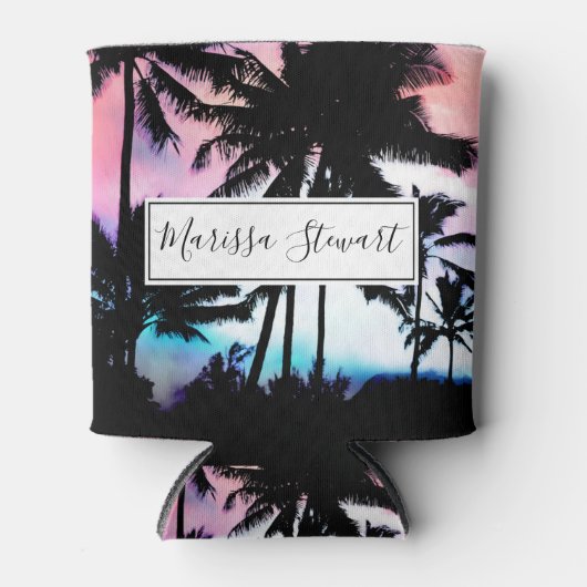 熱帯の夏のパームの木ピンクの青い夕日の空 缶クーラー (正面)