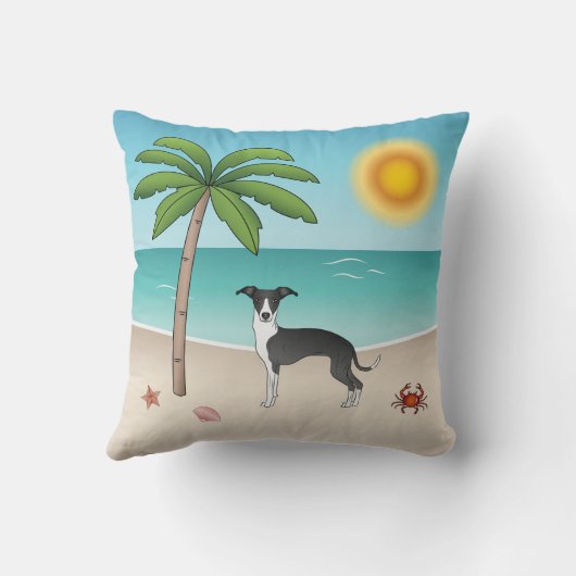 熱帯の夏のビーチで白黒のイギー犬 クッション (裏面)