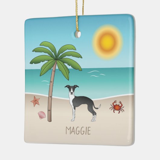 熱帯の夏のビーチで白黒のイギー犬 セラミックオーナメント (左)