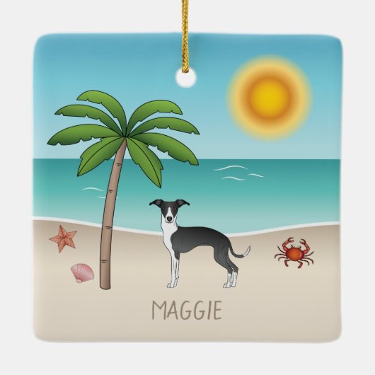 熱帯の夏のビーチで白黒のイギー犬 セラミックオーナメント (裏面)