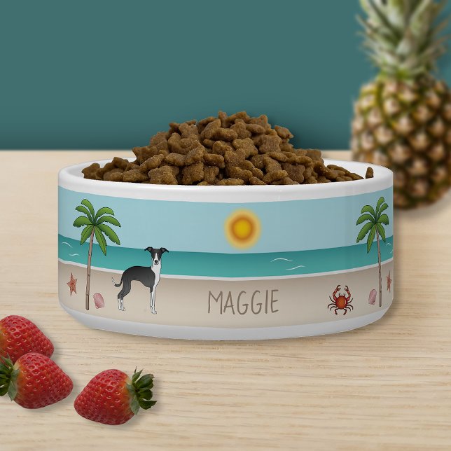 熱帯の夏のビーチで白黒のイギー犬 ボウル (クリエイターアップロード済み)