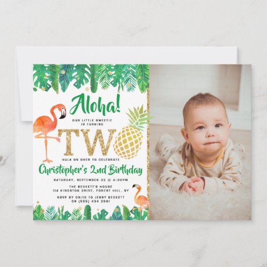 熱帯の夏のビーチルアウ（ハワイ式宴会）ボーイズ写真2nd誕生日 招待状 (正面)