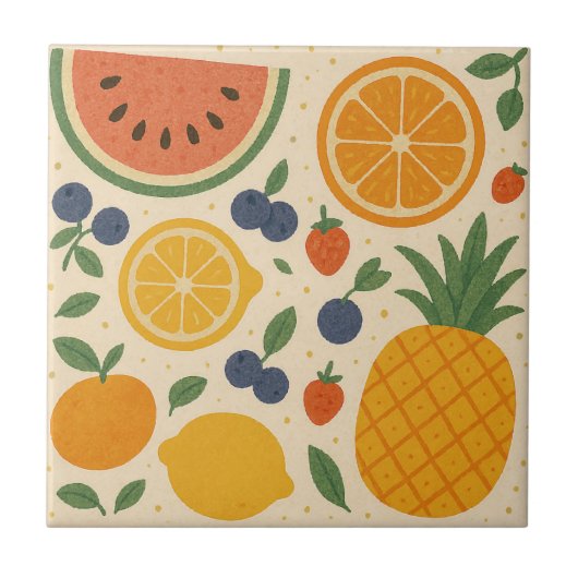 熱帯の夏のフルーツタイル – 水彩セラミックAr タイル (正面)
