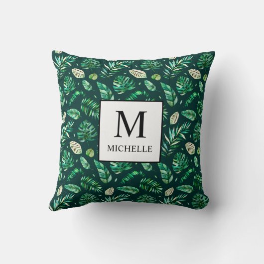 熱帯の夏の水色のヤシ葉のモノグラム クッション (裏面)