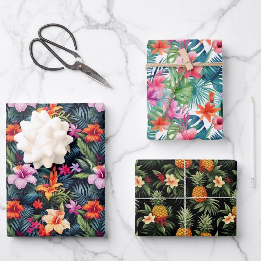 熱帯の夏の花葉のプリントギフト ラッピングペーパーシート (正面)