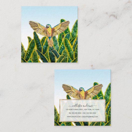 熱帯の夏の黄色のオウムのバードバナナ葉ナ スクエア名刺 (正面/裏面)