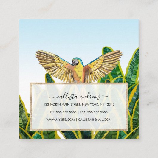 熱帯の夏の黄色のオウムのバードバナナ葉ナ スクエア名刺 (裏面)