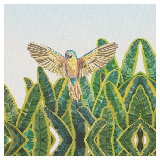 熱帯の夏の黄色のオウムのバードバナナ葉ナ ファブリック (クローズアップ)