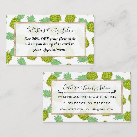 熱帯の夏の黄色の緑のパイナップルの果実 割引カード (正面/裏面)