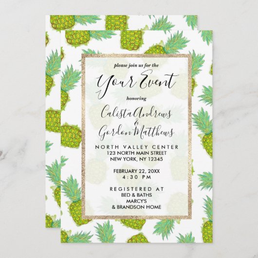 熱帯の夏の黄色の緑のパイナップルの果実 招待状 (正面/裏面)