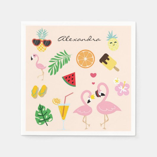 熱帯の夏を迎えるかわいいピンクのフラミンゴカップル スタンダードカクテルナプキン (正面)
