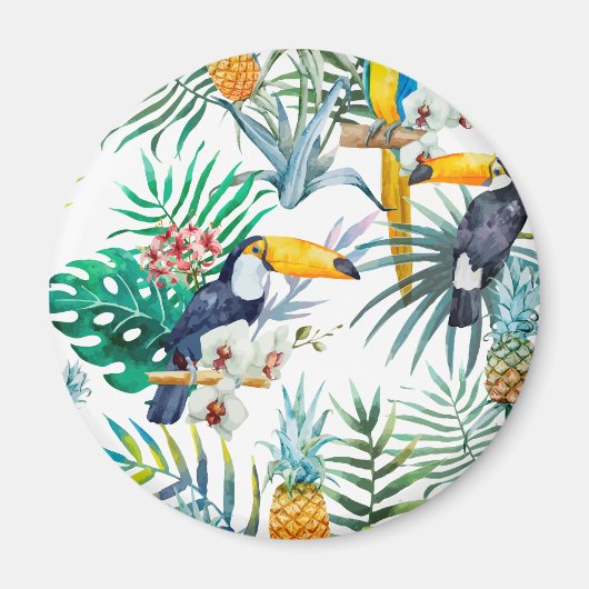 熱帯の夏パイナップルオウム鳥水色 マグネット (正面)