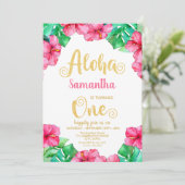 熱帯の夏ピンクのハイビスカス1st誕生日 招待状 (スタンド正面)