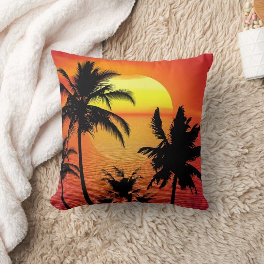 熱帯の夕日、美しいイラストレーション、 クッション (ブランケット)