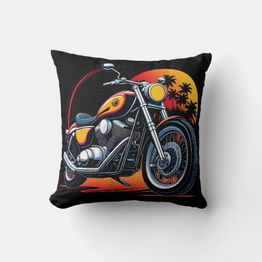 熱帯の夕焼けのスカイラインに照らされた炎のオートバイ クッション (正面)