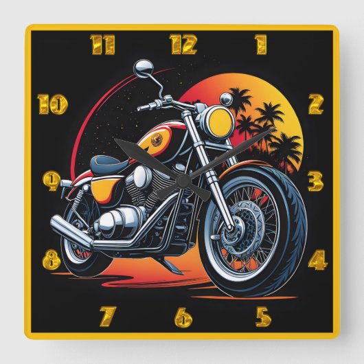 熱帯の夕焼けのスカイラインに照らされた炎のオートバイ スクエア壁時計 (正面)