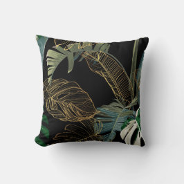 熱帯の夜のヴィンテージヤシ、バナナ、植物、黄金 クッション