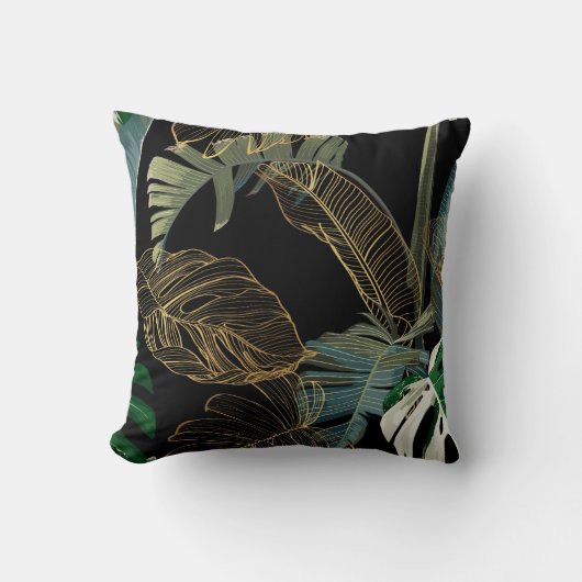 熱帯の夜のヴィンテージヤシ、バナナ、植物、黄金 クッション (正面)
