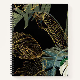 熱帯の夜のヴィンテージヤシ、バナナ、植物、黄金 ノートブック