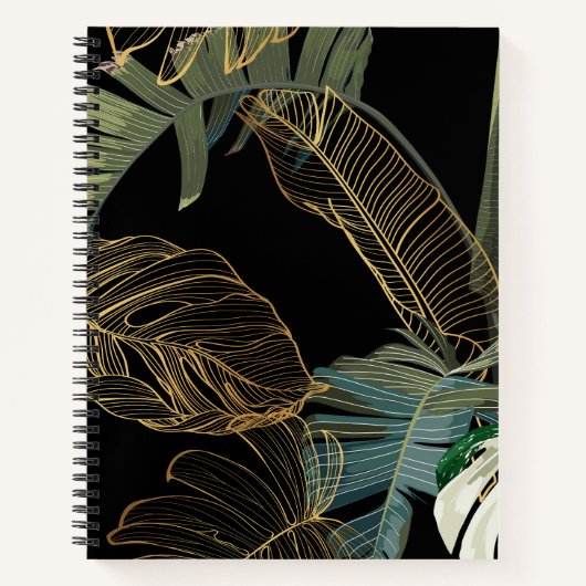 熱帯の夜のヴィンテージヤシ、バナナ、植物、黄金 ノートブック (正面)