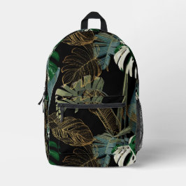 熱帯の夜のヴィンテージヤシ、バナナ、植物、黄金 プリントバックパック