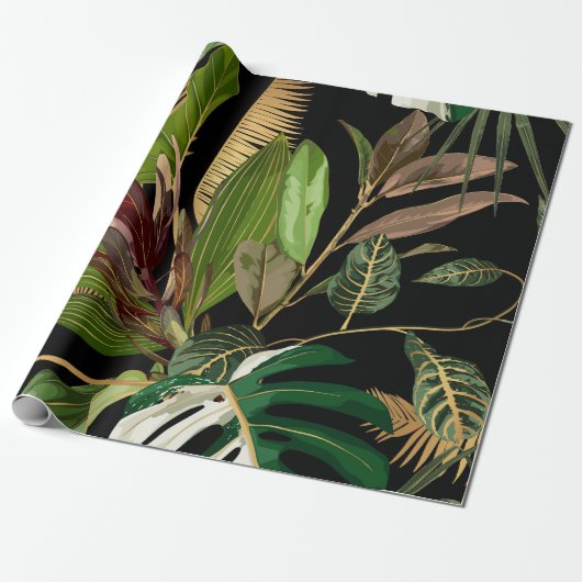 熱帯の夜のヴィンテージヤシ、バナナ、植物、黄金 ラッピングペーパー (アンロールド)